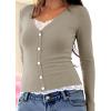 Womens Lace Long Sleeve Top Paneled Henley Shirts Y2k 2000s Fitted Going Out Tops Blouse(1 Khaki)