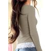 Womens Lace Long Sleeve Top Paneled Henley Shirts Y2k 2000s Fitted Going Out Tops Blouse(1 Khaki)