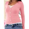 Womens Lace Long Sleeve Top Paneled Henley Shirts Y2k 2000s Fitted Going Out Tops Blouse(1 Pink)