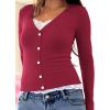 Womens Lace Long Sleeve Top Paneled Henley Shirts Y2k 2000s Fitted Going Out Tops Blouse(1 Red)