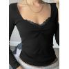 Womens Lace Long Sleeve Top Paneled Henley Shirts Y2k 2000s Fitted Going Out Tops Blouse(2 Black)