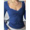 Womens Lace Long Sleeve Top Paneled Henley Shirts Y2k 2000s Fitted Going Out Tops Blouse(2 Blue)
