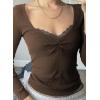 Womens Lace Long Sleeve Top Paneled Henley Shirts Y2k 2000s Fitted Going Out Tops Blouse(2 Brown)
