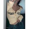 Womens Lace Long Sleeve Top Paneled Henley Shirts Y2k 2000s Fitted Going Out Tops Blouse(3-apricot)