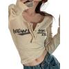 Womens Lace Long Sleeve Top Paneled Henley Shirts Y2k 2000s Fitted Going Out Tops Blouse(3-apricot)
