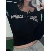 Womens Lace Long Sleeve Top Paneled Henley Shirts Y2k 2000s Fitted Going Out Tops Blouse(3-black)