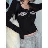 Womens Lace Long Sleeve Top Paneled Henley Shirts Y2k 2000s Fitted Going Out Tops Blouse(3-black)