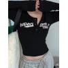 Womens Lace Long Sleeve Top Paneled Henley Shirts Y2k 2000s Fitted Going Out Tops Blouse(3-black)