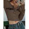 Womens Lace Long Sleeve Top Paneled Henley Shirts Y2k 2000s Fitted Going Out Tops Blouse(3-brown)