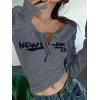 Womens Lace Long Sleeve Top Paneled Henley Shirts Y2k 2000s Fitted Going Out Tops Blouse(3-grey)