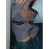 Womens Lace Long Sleeve Top Paneled Henley Shirts Y2k 2000s Fitted Going Out Tops Blouse(3-grey)