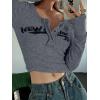 Womens Lace Long Sleeve Top Paneled Henley Shirts Y2k 2000s Fitted Going Out Tops Blouse(3-grey)