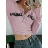 Womens Lace Long Sleeve Top Paneled Henley Shirts Y2k 2000s Fitted Going Out Tops Blouse(3-pink)