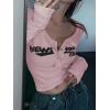 Womens Lace Long Sleeve Top Paneled Henley Shirts Y2k 2000s Fitted Going Out Tops Blouse(3-pink)