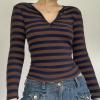 Womens Lace Long Sleeve Top Paneled Henley Shirts Y2k 2000s Fitted Going Out Tops Blouse(4 Brown)
