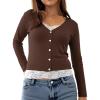Womens Lace Long Sleeve Top Paneled Henley Shirts Y2k 2000s Fitted Going Out Tops Blouse(1 Brown)