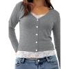 Womens Lace Long Sleeve Top Paneled Henley Shirts Y2k 2000s Fitted Going Out Tops Blouse(1 Grey)