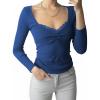 Womens Lace Long Sleeve Top Paneled Henley Shirts Y2k 2000s Fitted Going Out Tops Blouse(2 Blue)
