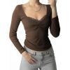 Womens Lace Long Sleeve Top Paneled Henley Shirts Y2k 2000s Fitted Going Out Tops Blouse(2 Brown)