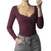 Womens Lace Long Sleeve Top Paneled Henley Shirts Y2k 2000s Fitted Going Out Tops Blouse(2 Red)