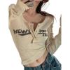 Womens Lace Long Sleeve Top Paneled Henley Shirts Y2k 2000s Fitted Going Out Tops Blouse(3-apricot)