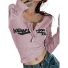Womens Lace Long Sleeve Top Paneled Henley Shirts Y2k 2000s Fitted Going Out Tops Blouse(3-pink)