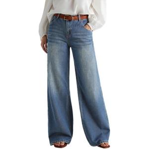 EMMIOL Wide Leg Jeans for Women Mid High Rise Baggy Jeans Y2k Boyfriend Denim Pants Casual Loose Trousers Trendy with Pockets(Dark Blue)