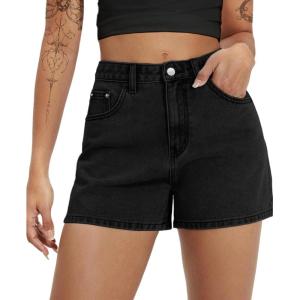EMMIOL Women Jean Shorts High-Mid Waisted Stretchy Basic Wash Solid Denim Hot Shorts Boyfriend Casual Y2k Jorts for Summer(Black)