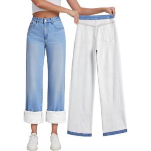 EMMIOL Women’s 2026 Wide Leg Jeans Distress Mid Waist Denim Pants Vintage Y2K Trousers(Blue-(warm Fleece Lined))