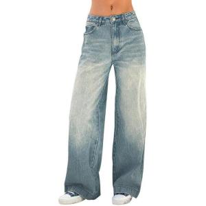 EMMIOL Women’s 2026 Wide Leg Jeans Distress Mid Waist Denim Pants Vintage Y2K Trousers(Washed Blue-a171)