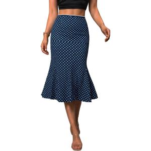 Emmiol Polka Dot Midi Skirt for Women – Elastic Mid-High Waisted Flowy Hem Satin Mermaid Skirts Casual Summer Trendy Clothes(Blue)