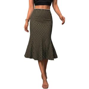 Emmiol Polka Dot Midi Skirt for Women – Elastic Mid-High Waisted Flowy Hem Satin Mermaid Skirts Casual Summer Trendy Clothes(Dark Brown)