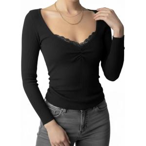 Womens Lace Long Sleeve Top Paneled Henley Shirts Y2k 2000s Fitted Going Out Tops Blouse(2 Black)