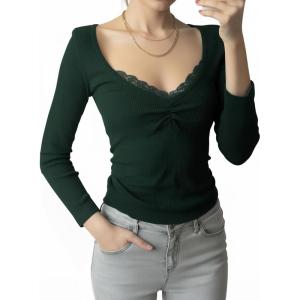 Womens Lace Long Sleeve Top Paneled Henley Shirts Y2k 2000s Fitted Going Out Tops Blouse(2 Green)