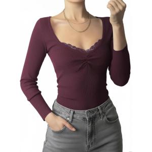 Womens Lace Long Sleeve Top Paneled Henley Shirts Y2k 2000s Fitted Going Out Tops Blouse(2 Red)