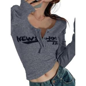 Womens Lace Long Sleeve Top Paneled Henley Shirts Y2k 2000s Fitted Going Out Tops Blouse(3-grey)