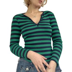 Womens Lace Long Sleeve Top Paneled Henley Shirts Y2k 2000s Fitted Going Out Tops Blouse(4 Green)