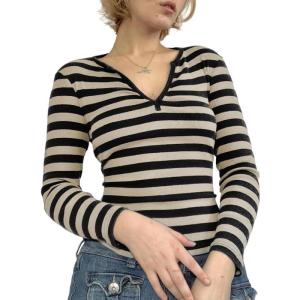 Womens Lace Long Sleeve Top Paneled Henley Shirts Y2k 2000s Fitted Going Out Tops Blouse(4 Yellow)