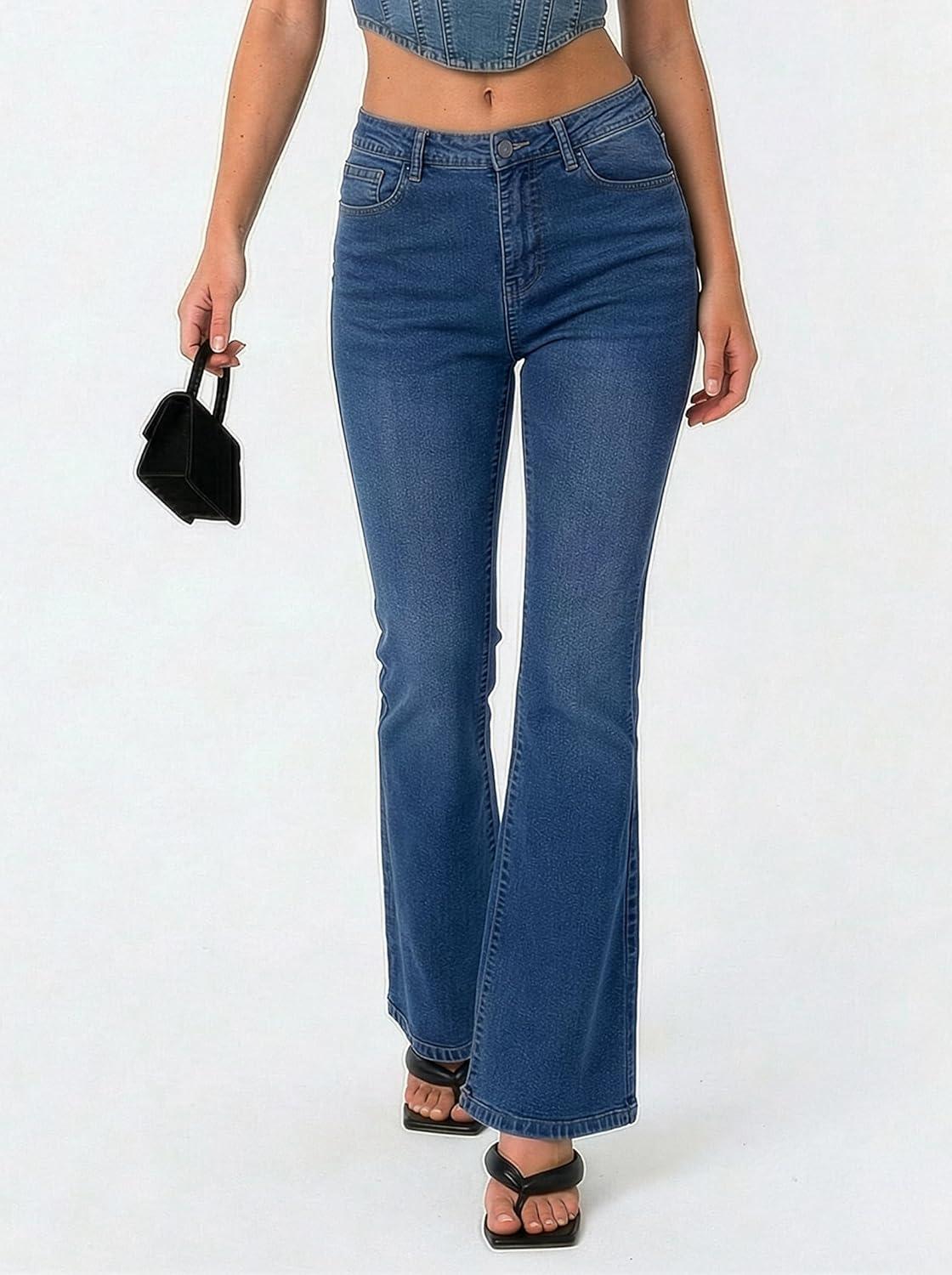 image:imageEMMIOL Flare Jeans for Women Trendy MidHigh Waist Bootcut Bell Bottom Jeans Stretchy Denim Y2K Pants with PocketsAdark Bluemid Rised