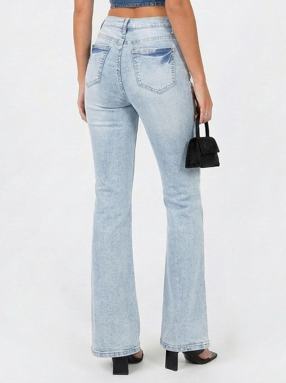 image:imageEMMIOL Flare Jeans for Women Trendy MidHigh Waist Bootcut Bell Bottom Jeans Stretchy Denim Y2K Pants with PocketsAlight Blue Washhigh Rised