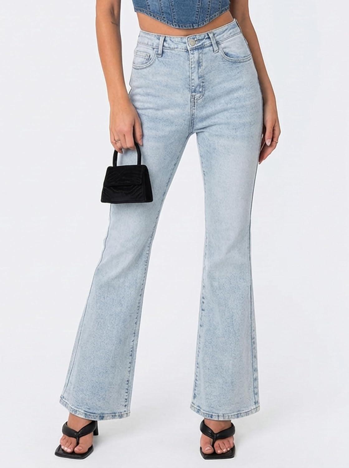 image:imageEMMIOL Flare Jeans for Women Trendy MidHigh Waist Bootcut Bell Bottom Jeans Stretchy Denim Y2K Pants with PocketsAlight Blue Washhigh Rised