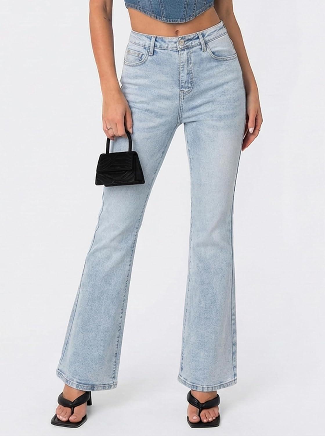 image:imageEMMIOL Flare Jeans for Women Trendy MidHigh Waist Bootcut Bell Bottom Jeans Stretchy Denim Y2K Pants with PocketsAlight Blue Washmid Rised