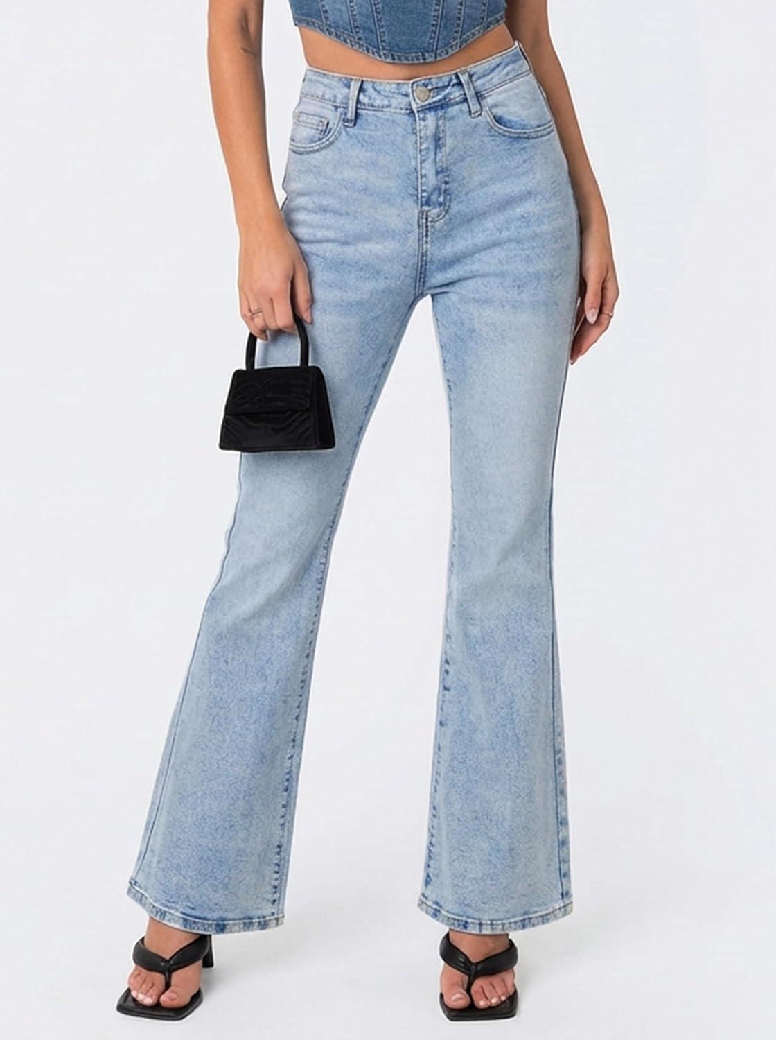 image:imageEMMIOL Flare Jeans for Women Trendy MidHigh Waist Bootcut Bell Bottom Jeans Stretchy Denim Y2K Pants with PocketsAmid Blue Washhigh Rised