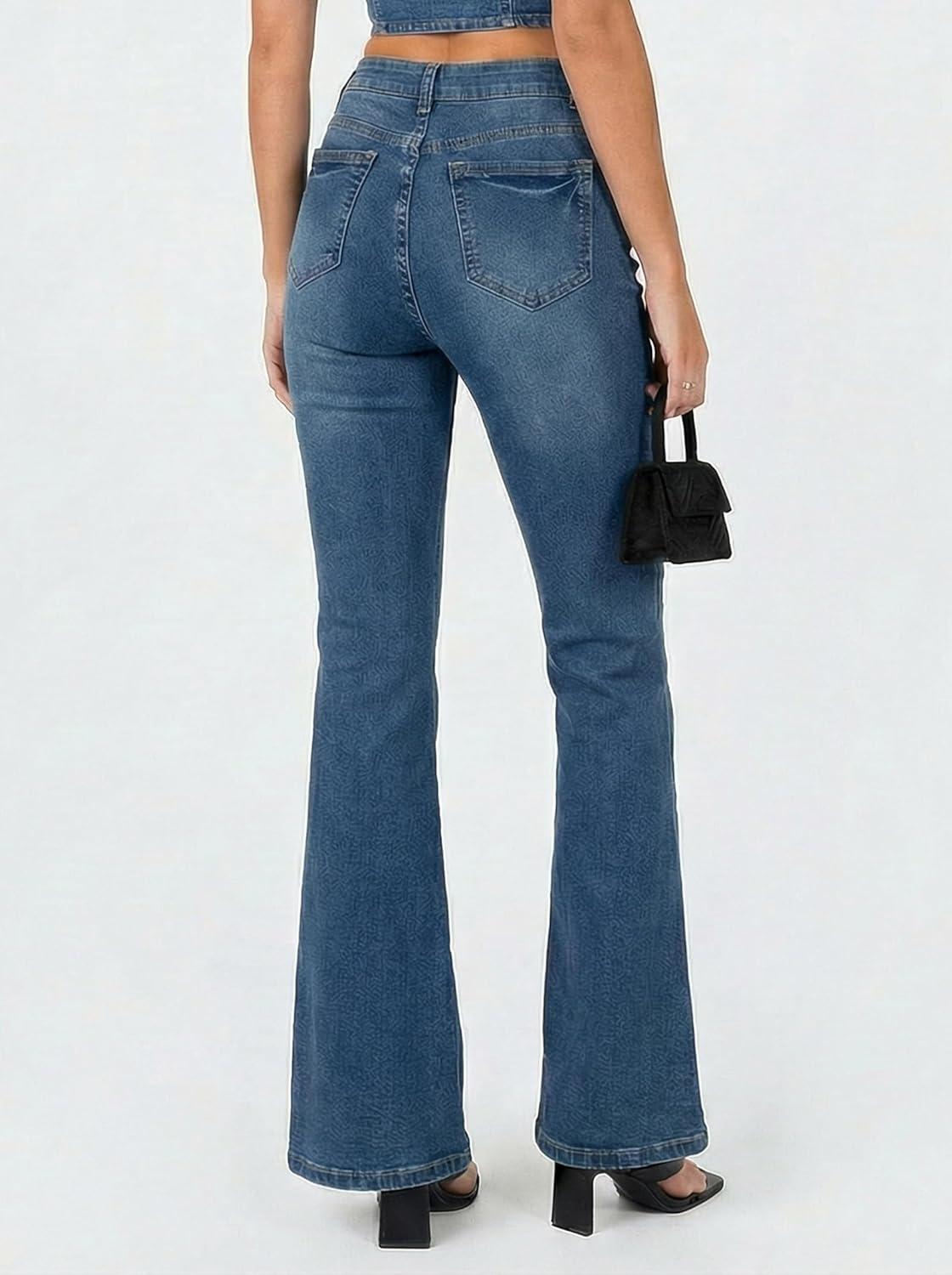 image:imageEMMIOL Flare Jeans for Women Trendy MidHigh Waist Bootcut Bell Bottom Jeans Stretchy Denim Y2K Pants with PocketsAmid Bluehigh Rised