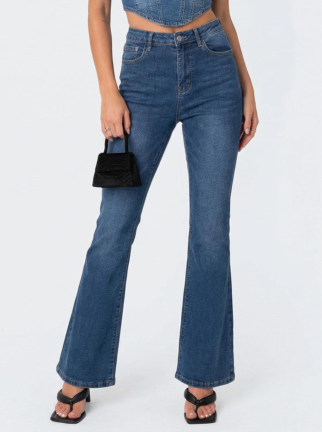 image:imageEMMIOL Flare Jeans for Women Trendy MidHigh Waist Bootcut Bell Bottom Jeans Stretchy Denim Y2K Pants with PocketsAmid Bluehigh Rised