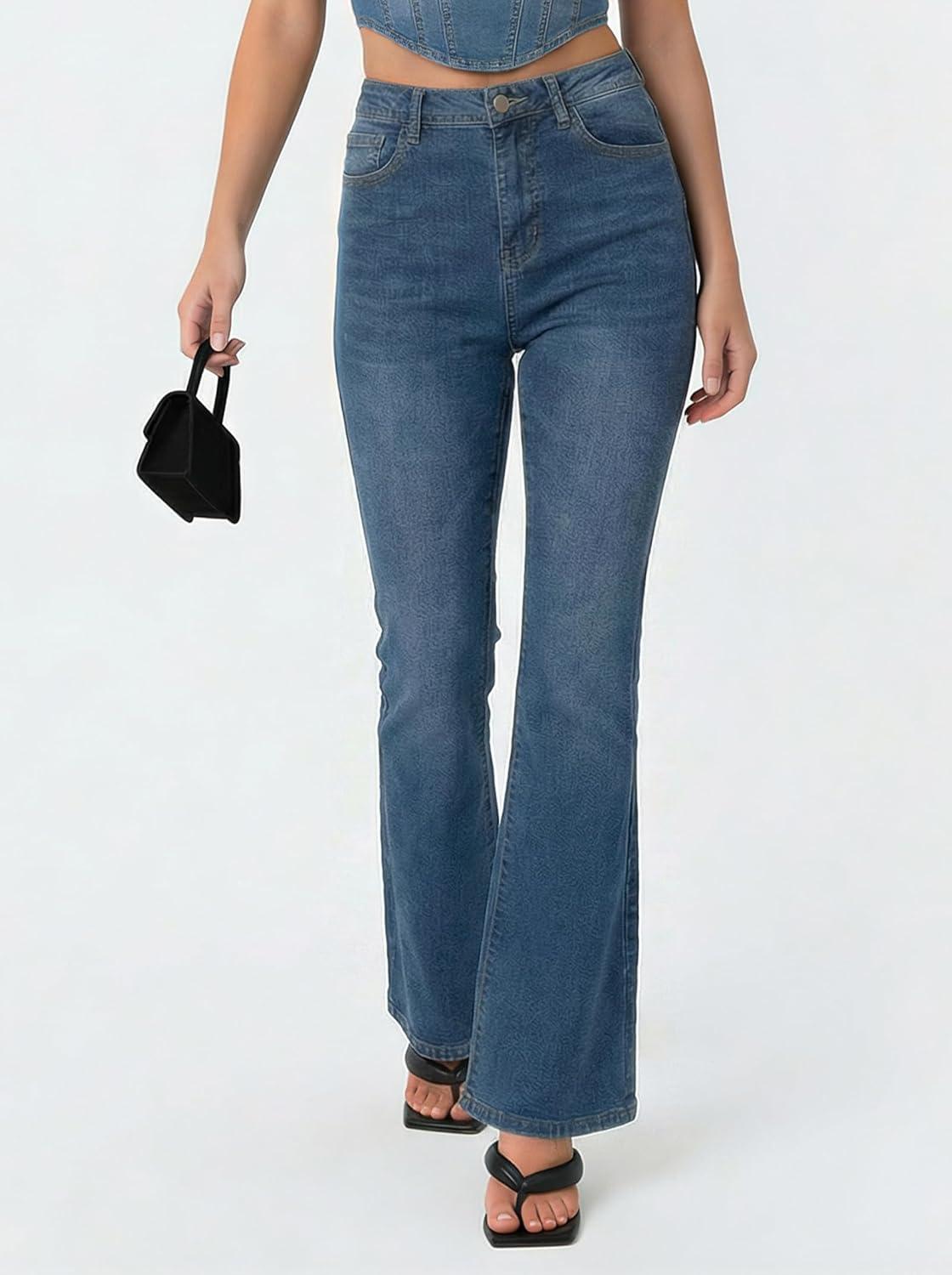 image:imageEMMIOL Flare Jeans for Women Trendy MidHigh Waist Bootcut Bell Bottom Jeans Stretchy Denim Y2K Pants with PocketsAmid Bluehigh Rised