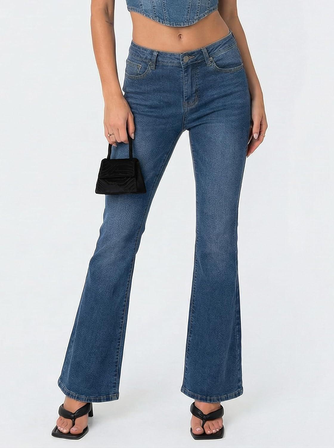 image:imageEMMIOL Flare Jeans for Women Trendy MidHigh Waist Bootcut Bell Bottom Jeans Stretchy Denim Y2K Pants with PocketsAmid Bluemid Rised