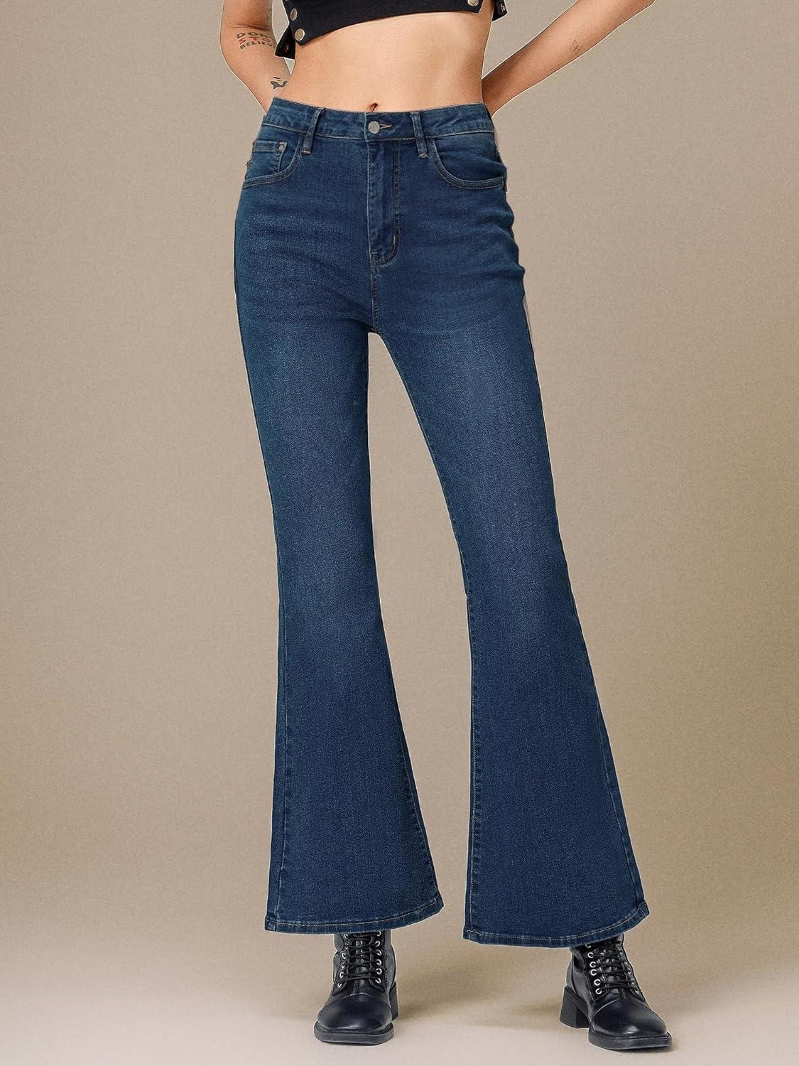 image:imageEMMIOL Flare Jeans for Women Trendy MidHigh Waist Bootcut Bell Bottom Jeans Stretchy Denim Y2K Pants with PocketsBdark Bluehigh Rise
