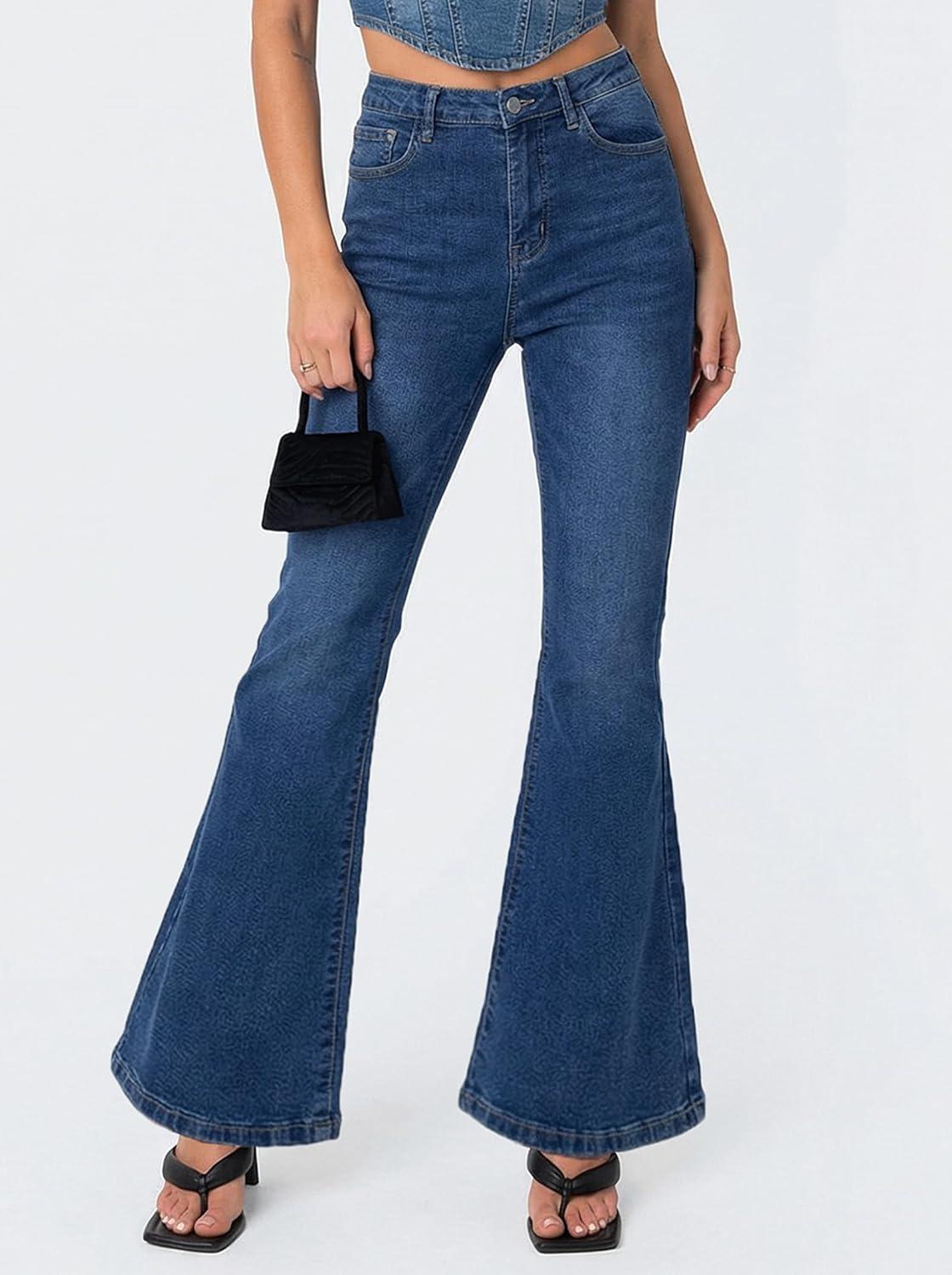 image:imageEMMIOL Flare Jeans for Women Trendy MidHigh Waist Bootcut Bell Bottom Jeans Stretchy Denim Y2K Pants with PocketsBdark Bluehigh Rise