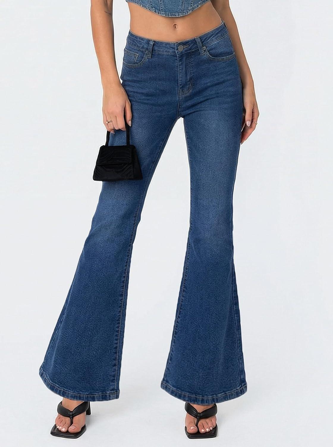 image:imageEMMIOL Flare Jeans for Women Trendy MidHigh Waist Bootcut Bell Bottom Jeans Stretchy Denim Y2K Pants with PocketsBdark Bluemid Rise